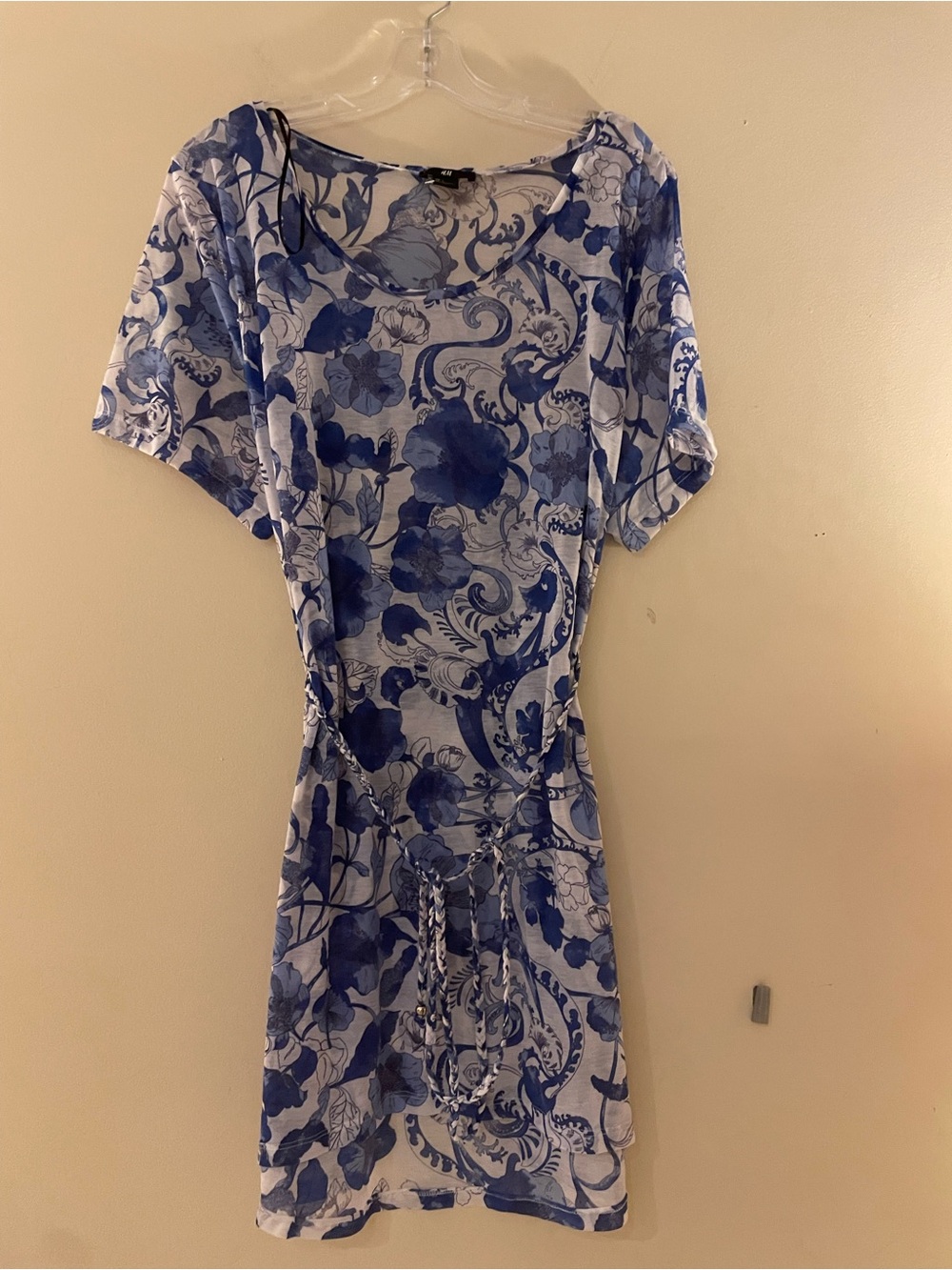 H&M Blue and White Floral Sheer Midi Beach Dress with Braided Tie Waist